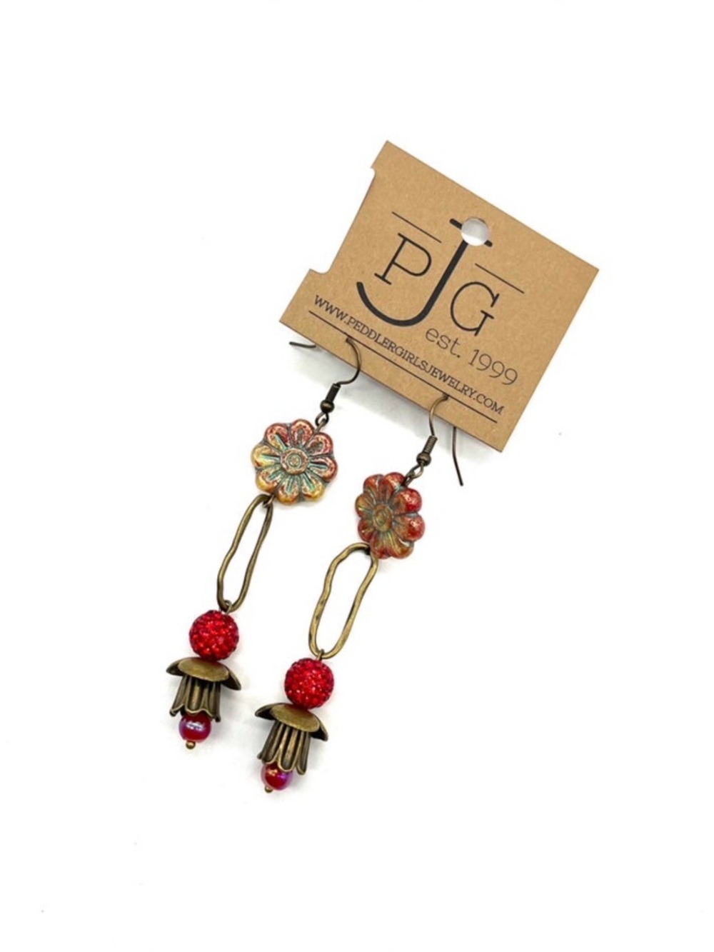Primitive Peddler Red Floral Dangle Earrings